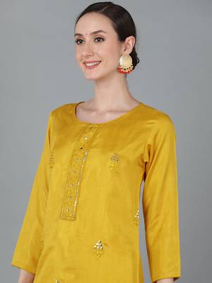 women mustard silk blend solid embroidered straight kurta 2