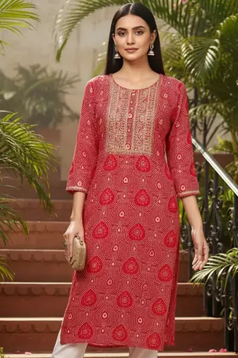 women pink viscose rayon bandhani embroidered straight kurta