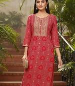women pink viscose rayon bandhani embroidered straight kurta