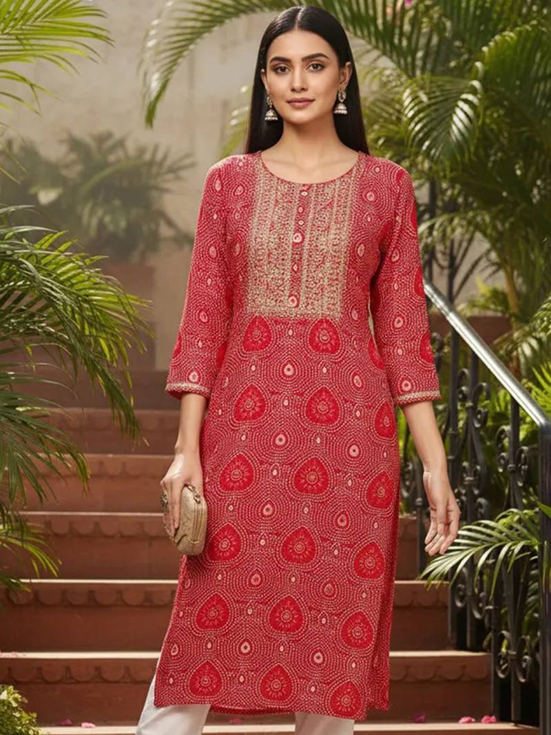 women pink viscose rayon bandhani embroidered straight kurta