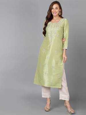 women lime green silk blend solid embroidered straight kurta 1