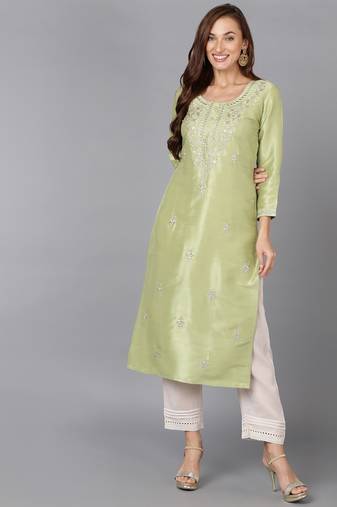 women lime green silk blend solid embroidered straight kurta