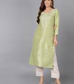 women lime green silk blend solid embroidered straight kurta