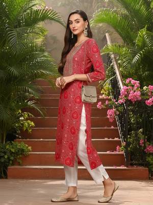 women pink viscose rayon bandhani embroidered straight kurta 2