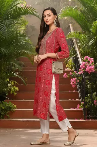 women pink viscose rayon bandhani embroidered straight kurta