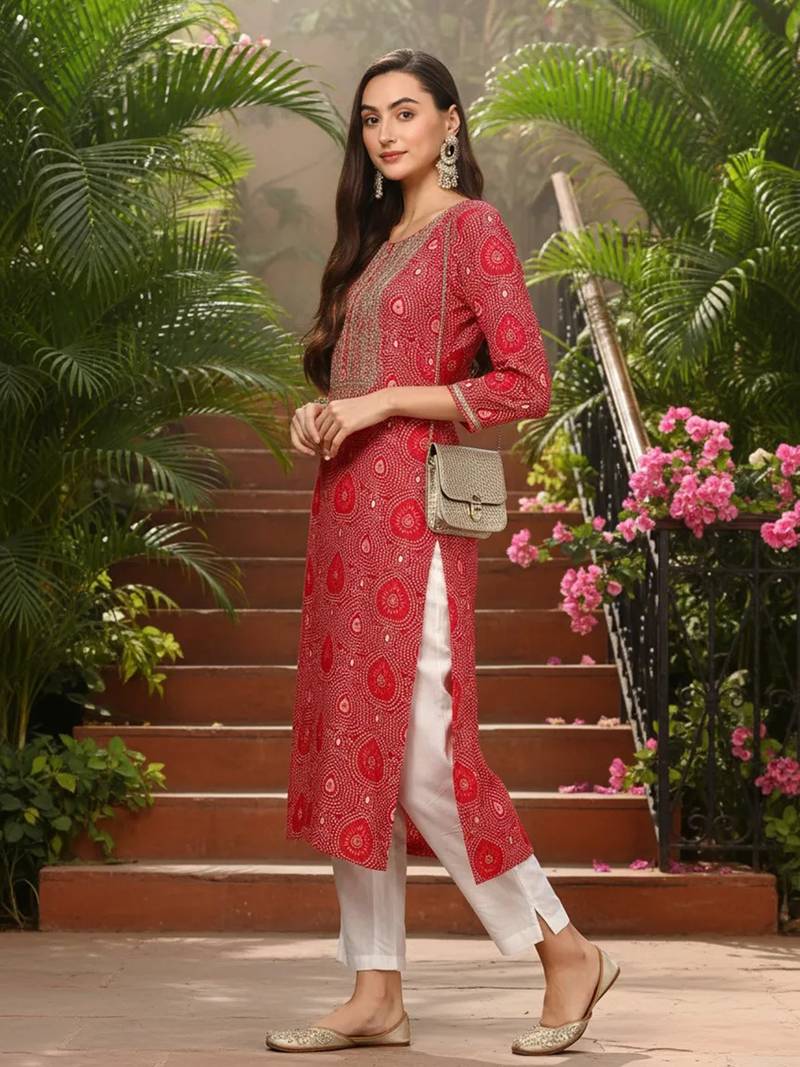 women pink viscose rayon bandhani embroidered straight kurta