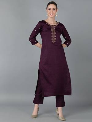 women purple silk blend solid embroidered straight kurta 1