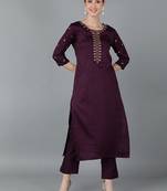 women purple silk blend solid embroidered straight kurta