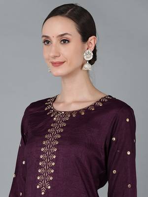 women purple silk blend solid embroidered straight kurta 2