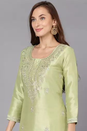 women lime green silk blend solid embroidered straight kurta