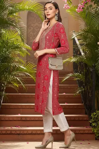 women pink viscose rayon bandhani embroidered straight kurta