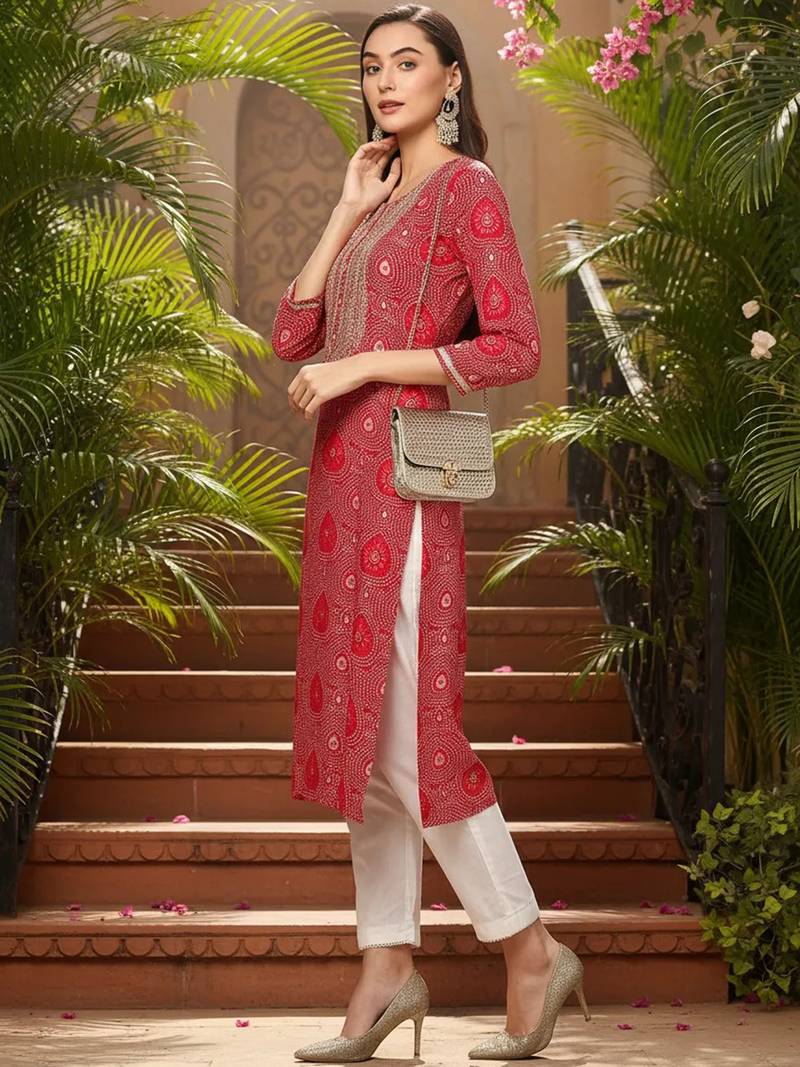 women pink viscose rayon bandhani embroidered straight kurta