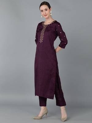women purple silk blend solid embroidered straight kurta 3