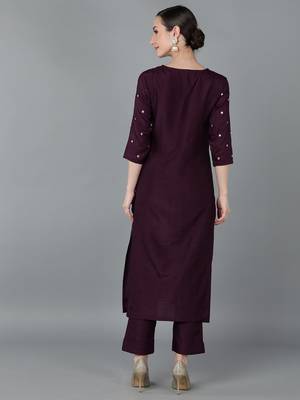 women purple silk blend solid embroidered straight kurta 4
