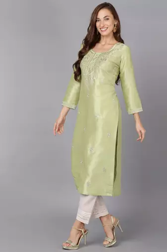 women lime green silk blend solid embroidered straight kurta