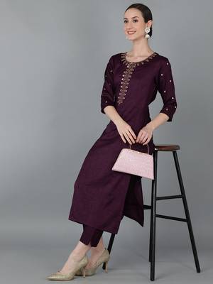 women purple silk blend solid embroidered straight kurta 5