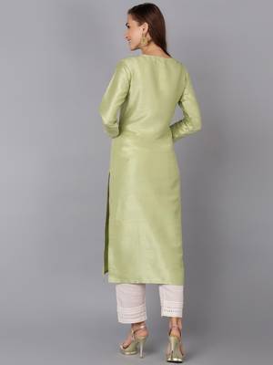 women lime green silk blend solid embroidered straight kurta 4