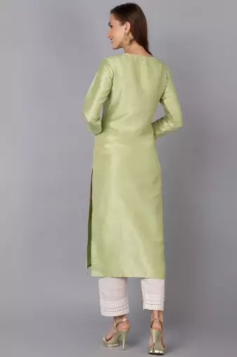 women lime green silk blend solid embroidered straight kurta