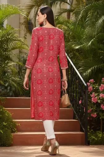 women pink viscose rayon bandhani embroidered straight kurta