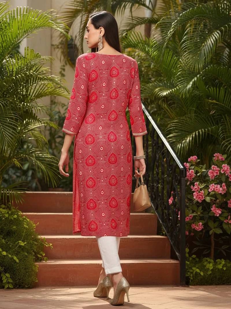 women pink viscose rayon bandhani embroidered straight kurta