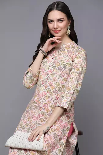Green cotton abstract printed straight kurta