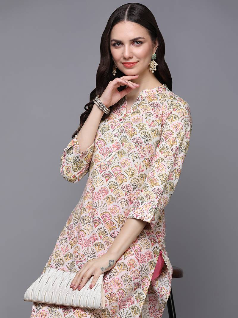 Green cotton abstract printed straight kurta