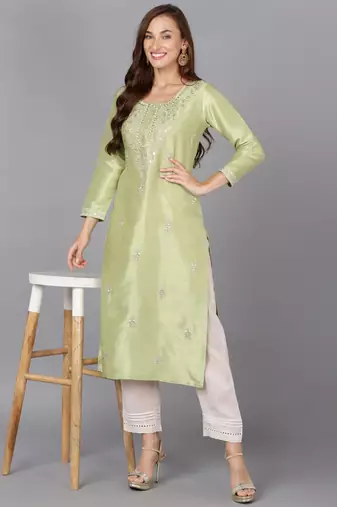 women lime green silk blend solid embroidered straight kurta
