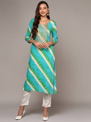 women blue viscose rayon leheriya embroidered straight kurta 1