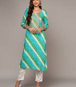 women blue viscose rayon leheriya embroidered straight kurta