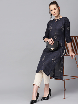 women navy blue rayon blend ethnic motifs printed straight kurta 5