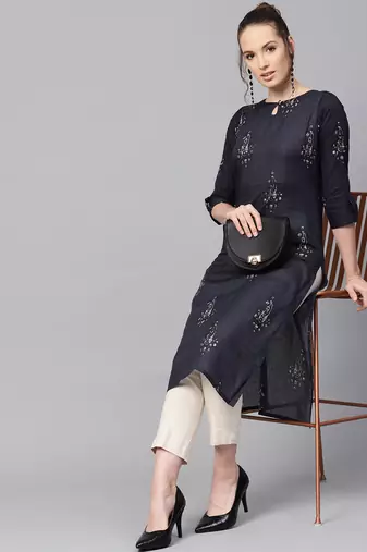 women navy blue rayon blend ethnic motifs printed straight kurta