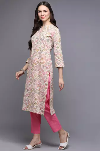 Green cotton abstract printed straight kurta