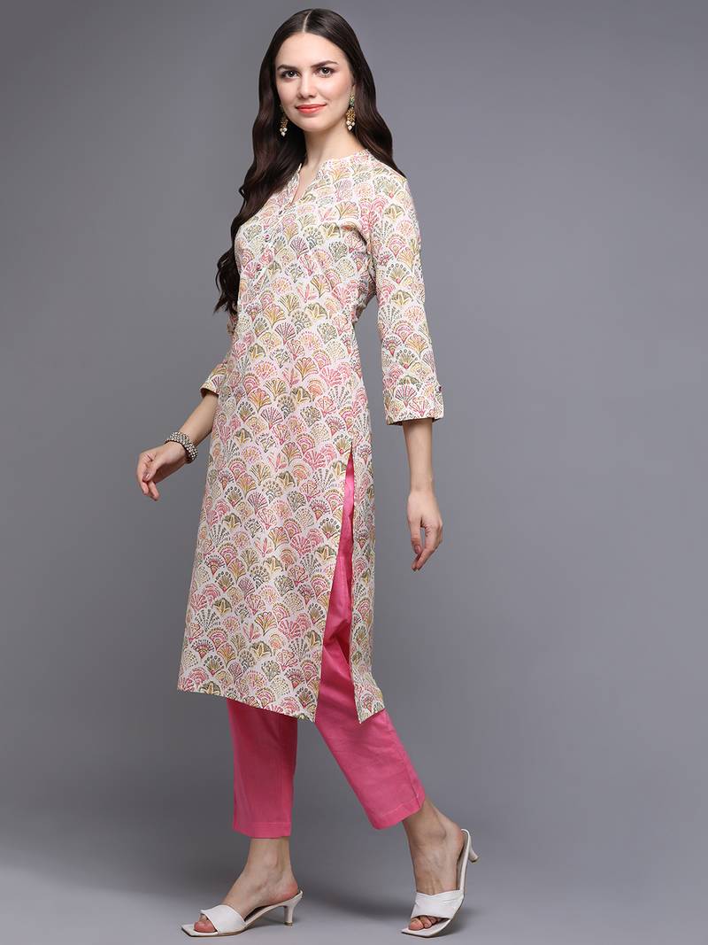 Green cotton abstract printed straight kurta