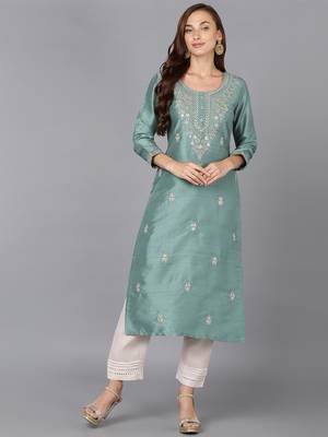 women teal silk blend solid embroidered straight kurta 1
