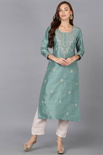 women teal silk blend solid embroidered straight kurta