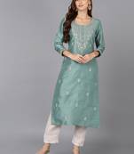 women teal silk blend solid embroidered straight kurta