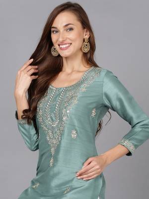 women teal silk blend solid embroidered straight kurta 2