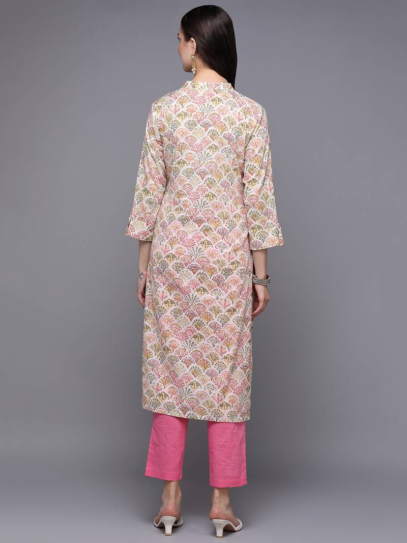 Green cotton abstract printed straight kurta