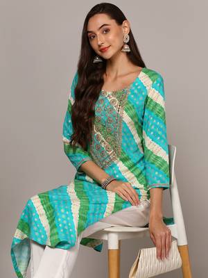 women blue viscose rayon leheriya embroidered straight kurta 2
