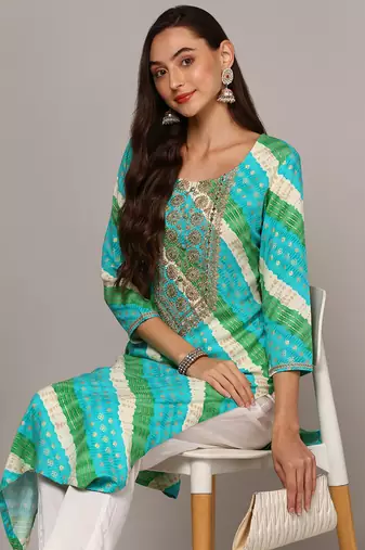women blue viscose rayon leheriya embroidered straight kurta