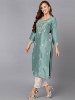 women teal silk blend solid embroidered straight kurta 3