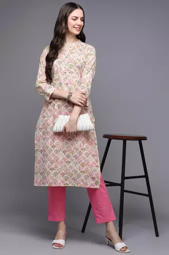 Green cotton abstract printed straight kurta