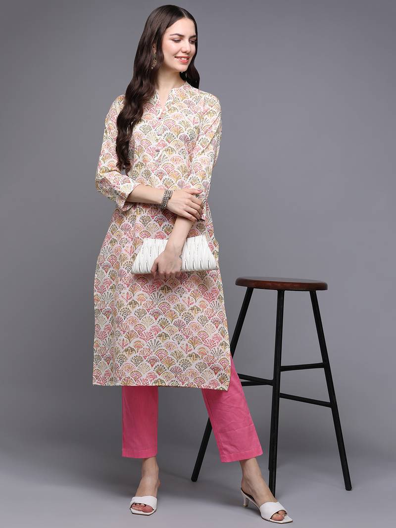 Green cotton abstract printed straight kurta