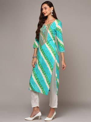 women blue viscose rayon leheriya embroidered straight kurta 3