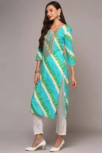 women blue viscose rayon leheriya embroidered straight kurta