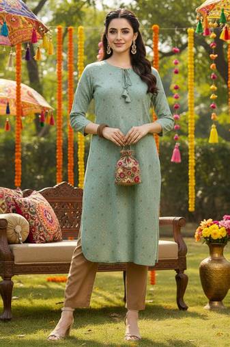 women green cotton geometric printed straight kurta