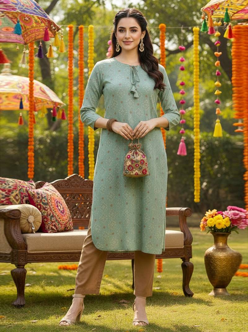 women green cotton geometric printed straight kurta