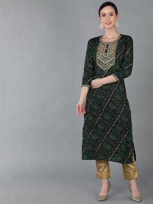 women green viscose rayon bandhani embroidered straight kurta 1