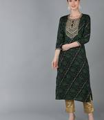women green viscose rayon bandhani embroidered straight kurta