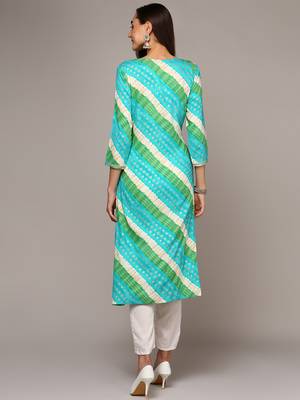 women blue viscose rayon leheriya embroidered straight kurta 4